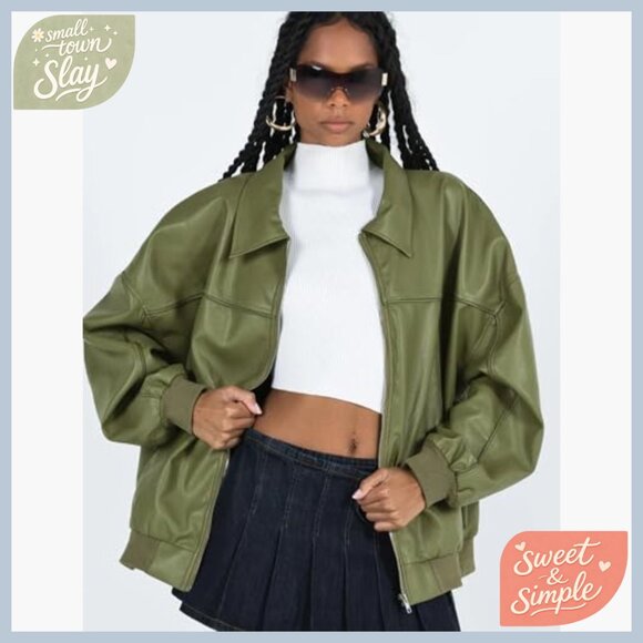 Oversized Faux Leather Bomber Jacket Long Sleeve Motorcycle Style - Picture 2 of 7